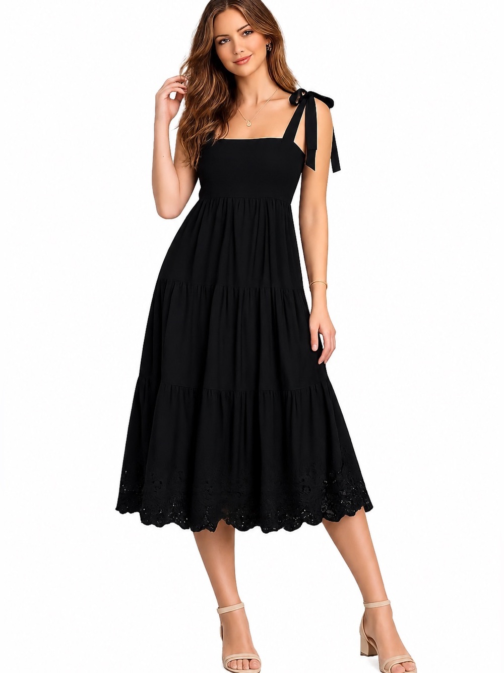NEW Jason Wu Black Cotton Square Neck Tie Straps Lace Eyelet Tiered Maxi Dress